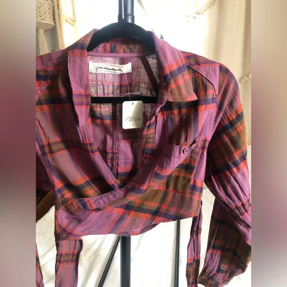 Free People We The Free Purple One Way Plaid Wrap Top Size Xs Crop Top NWT